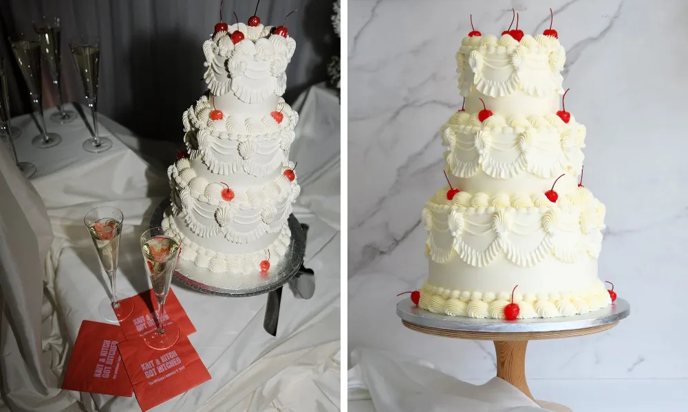 white lambeth cake with maraschino cherries