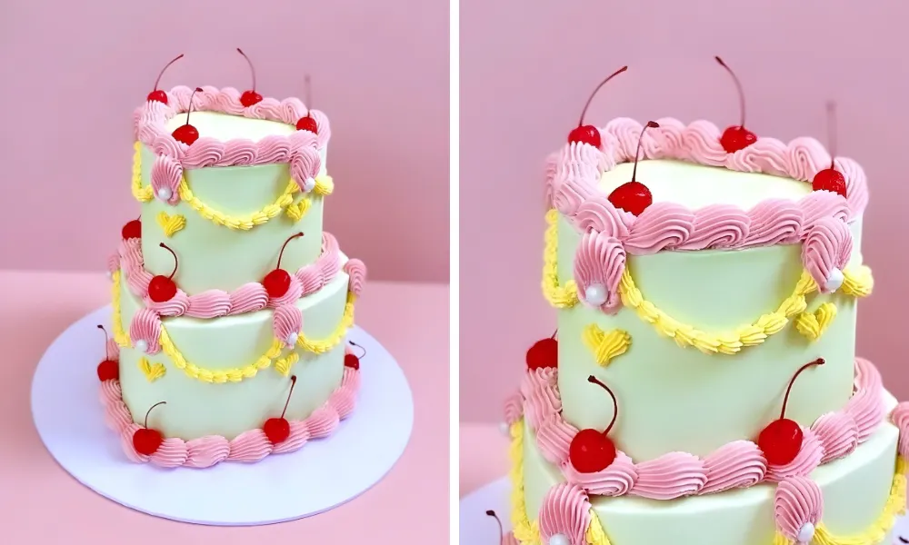 pastel green cake with pink frosting and cherries