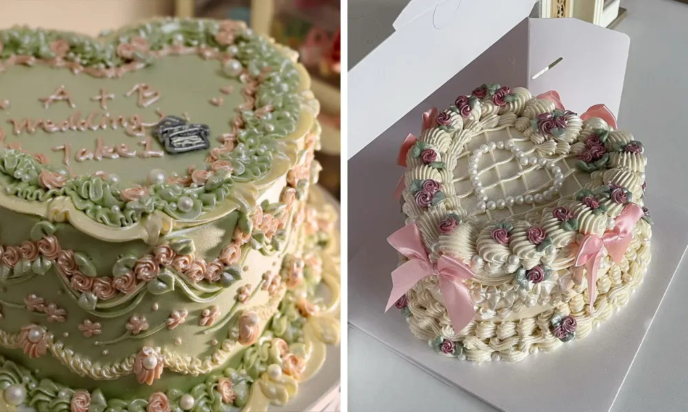 Shimmery heartshaped cakes with intricate designs