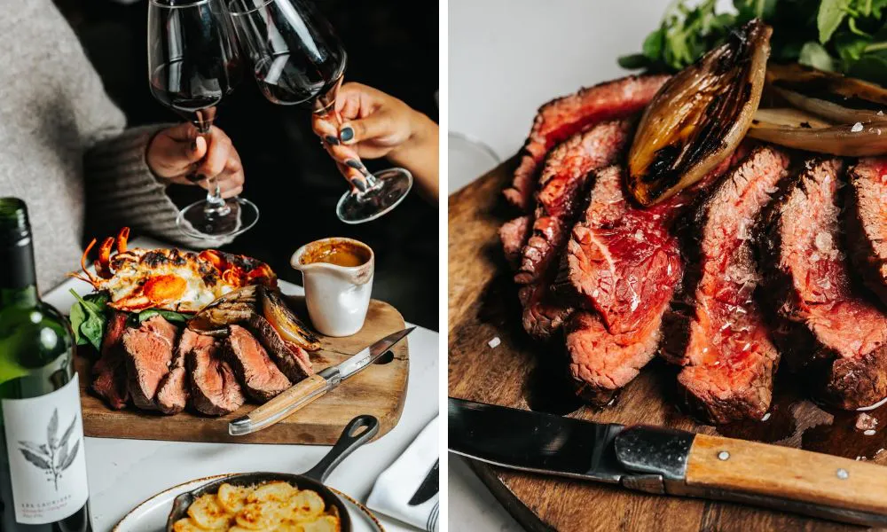 couple with red wine and chateaubriand sharing plate