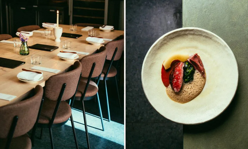 Tables and chairs and a dish at fallachan