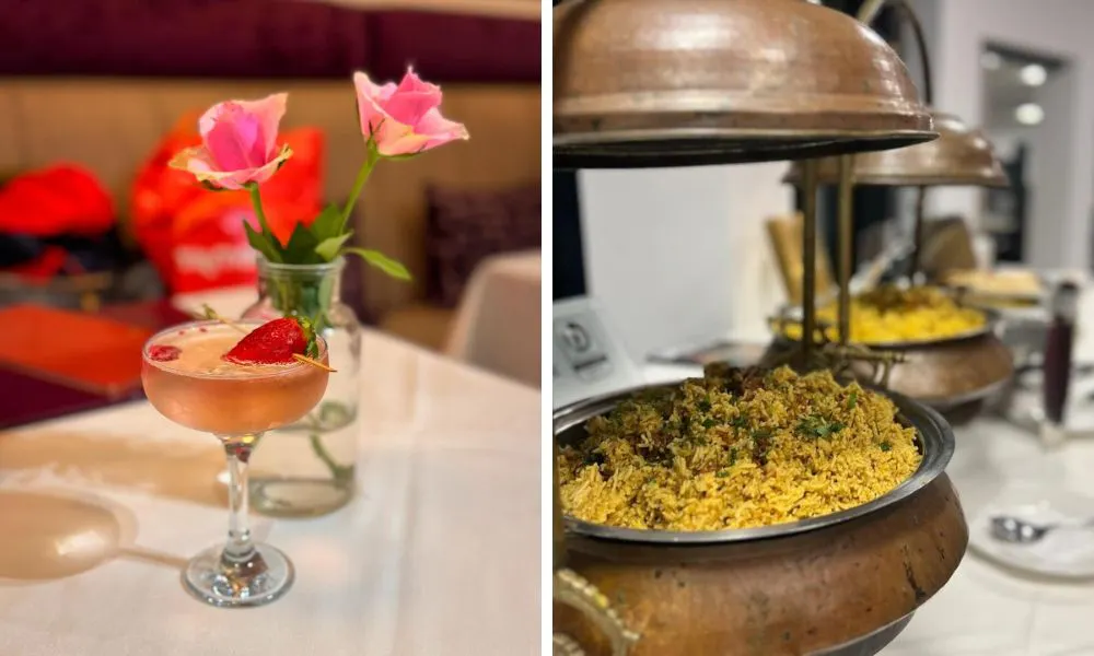 rose prosecco and coucous in buffet style serving tray