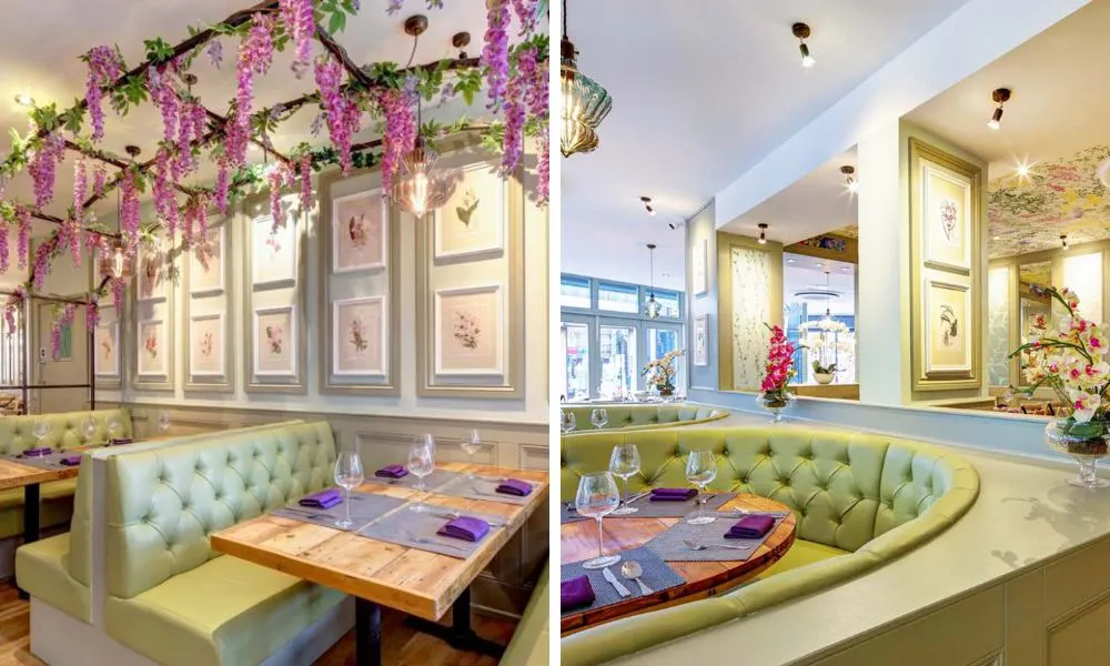pastel green restaurant interiors with pink floral installations