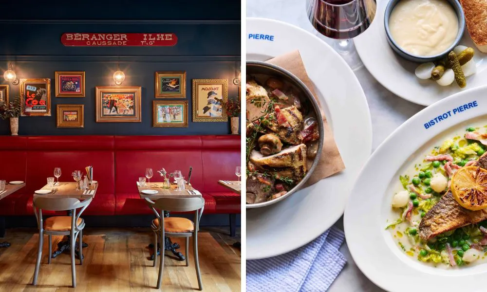 french bistro restaurant interiors, and a couple of plates on a table