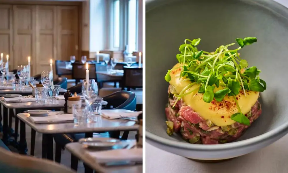 candletlit tables and beef tartare
