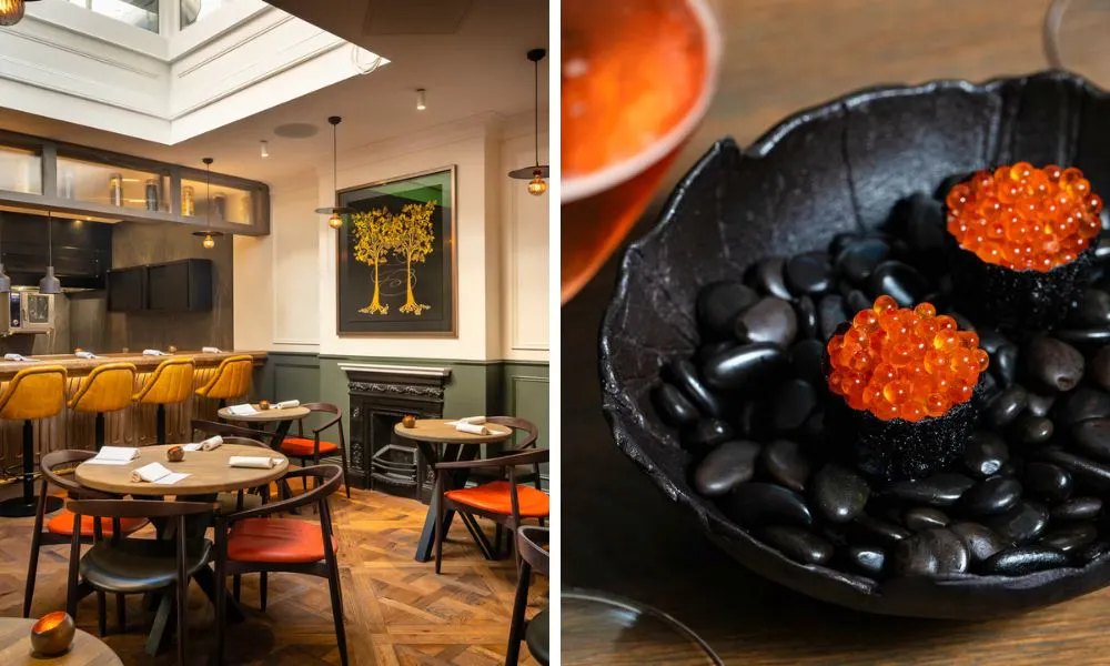 elegant restaurant interiors and cod's roe starter