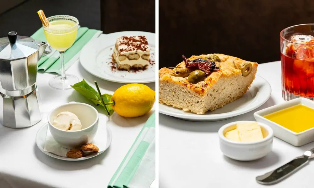 white-clothed table with tiramisu, coffee, foccacia and a negroni