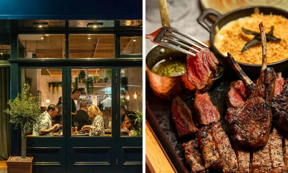 looking in through the windows of a restaurant, and steak