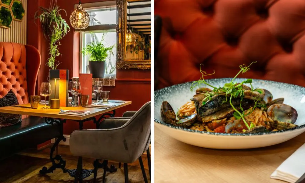 plush red restaurant interiors, and a seafood risotto