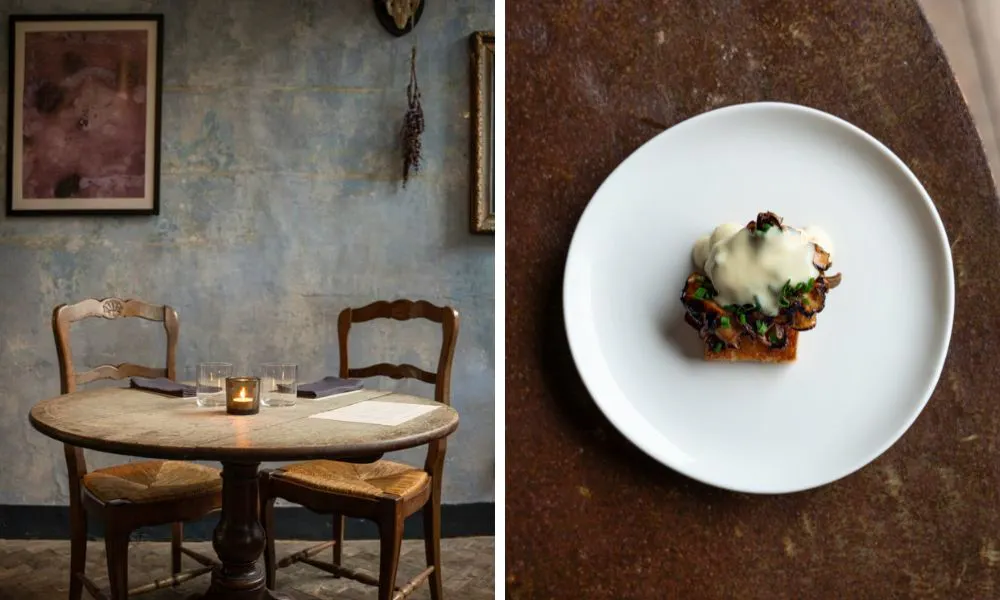 minimalist table setting and an aerial shot of a dish on a table