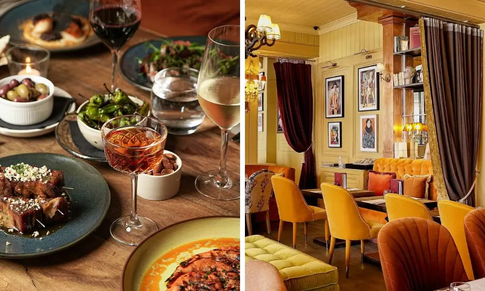 vibrant, orange and yellow restaurant interiors, and a selection of dishes and drinks on a table
