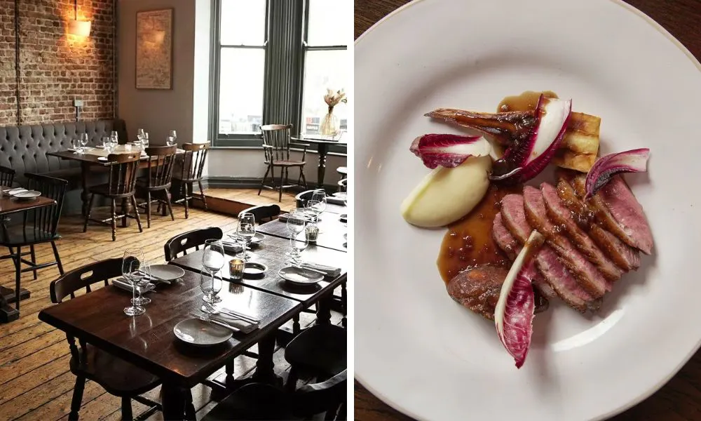 relaxed, neutral restaurant interiors and a plate of duck