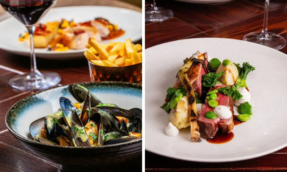 a bowl of mussels, and a plate of meat and veg