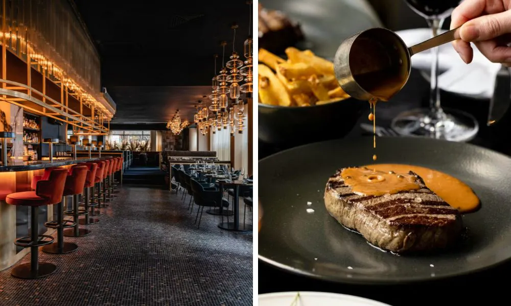 glamorous dining room and someone pouring sauce on a steak