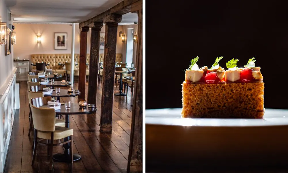 neutral restaurant interiors, and a pristine dish on a table