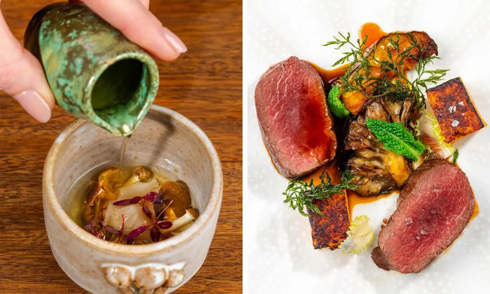 someone pouring broth into a bowl and a plate of rump and vegetables