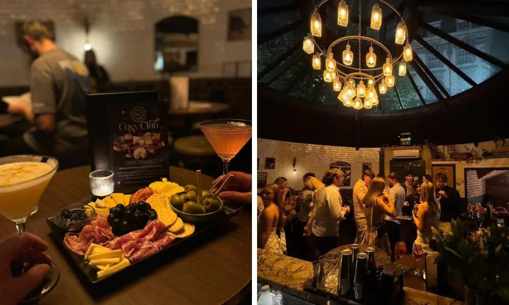 sharing platter and drinks, and a striking skylight and chandelier in a restaurant