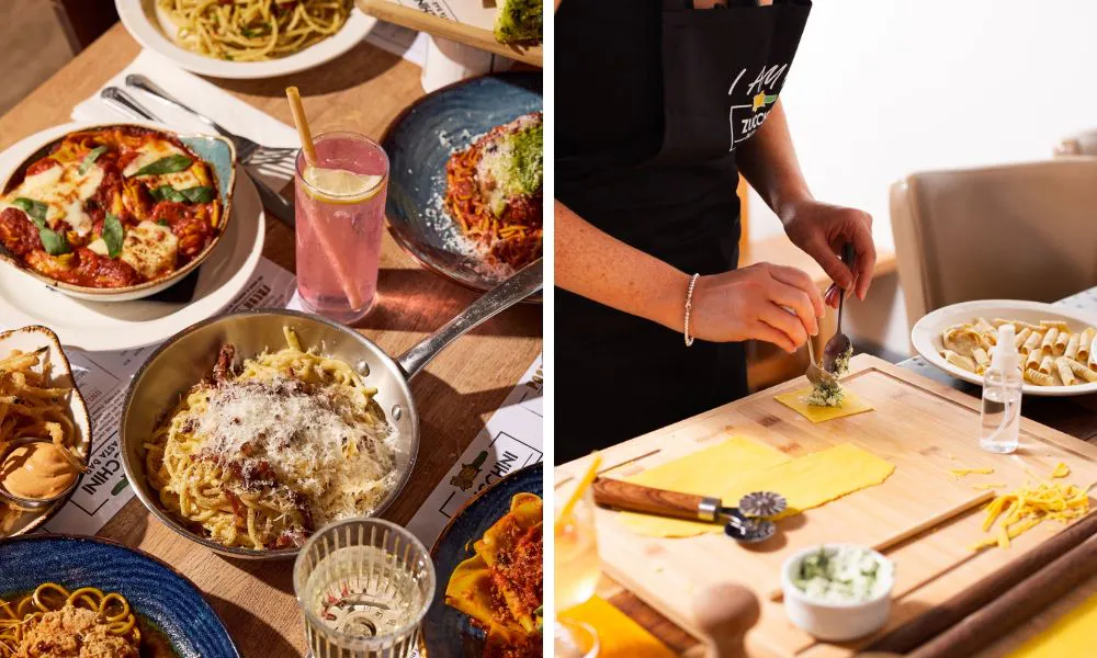 pasta carbonara served in steel pan and pasta making class