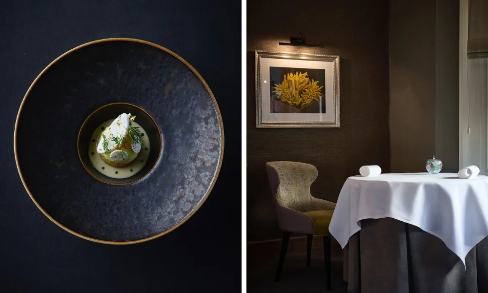 Dish from midsummer house with table in white tablecloth