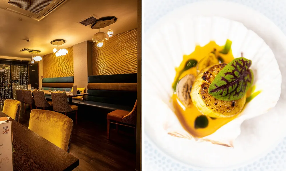 Indian scallop dish and yellow restaurant interiors