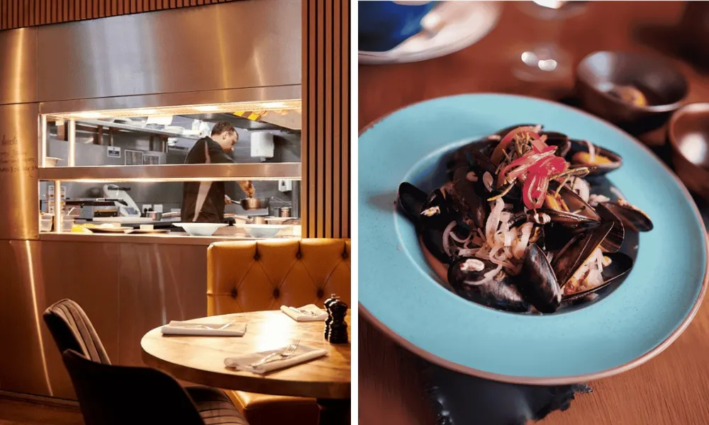 The Rupert Brooke open kitchen and plate of mussels