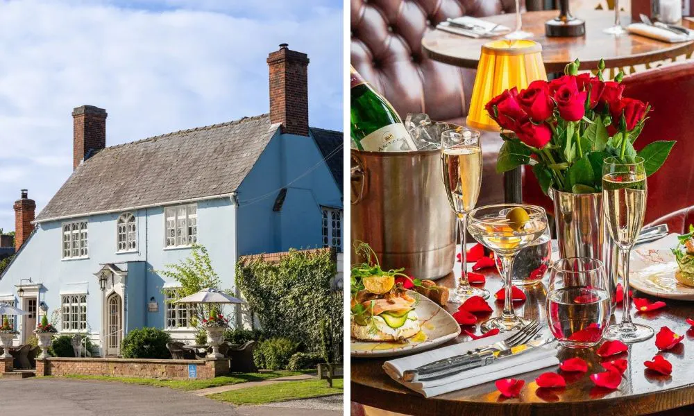 exterior of a countryside pub and valentines table with rose petals and champagne