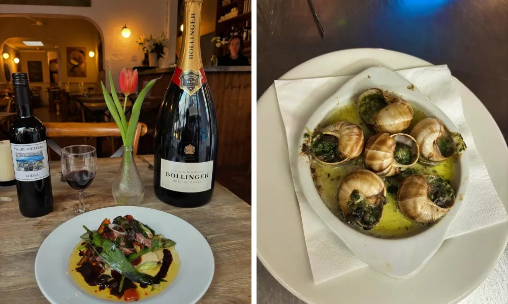 Bollinger champagne and escargot at Pierre Victoire