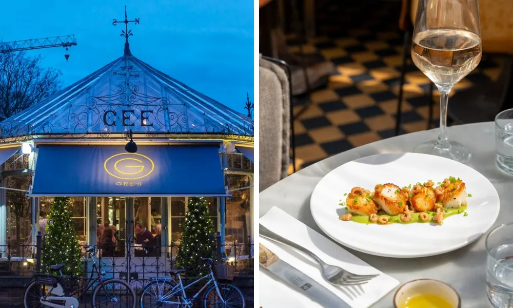Gee's restaurant conservatory and seared scallops