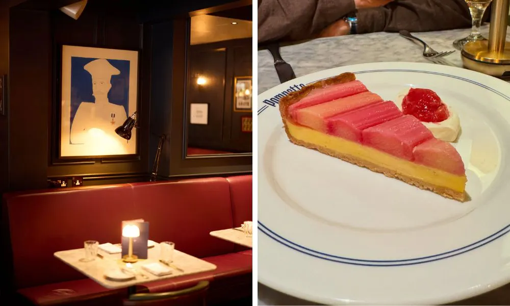 low lit dining room and rhubarb and custard tart
