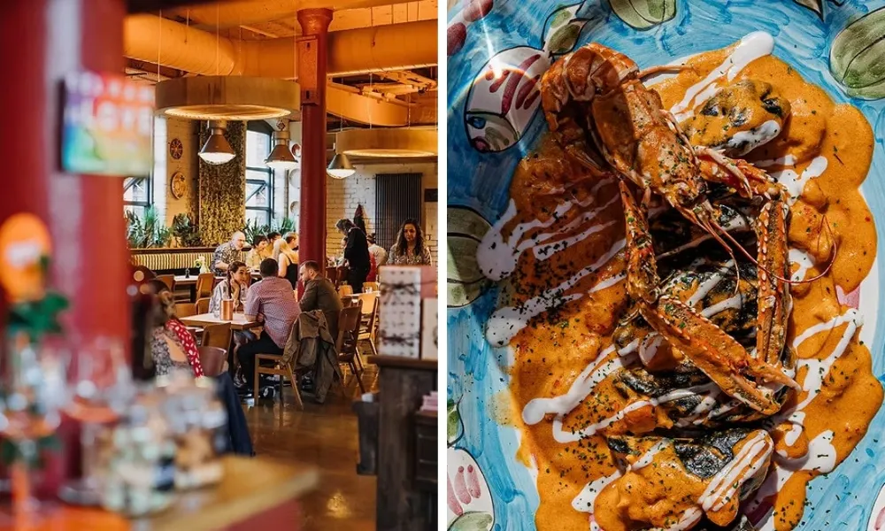 Colourful restarant interior with plate of langoustine