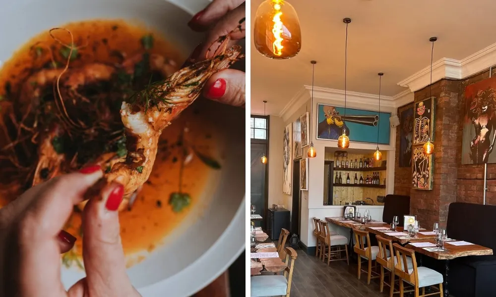 seafood restaurant interiors with plate of prawns 