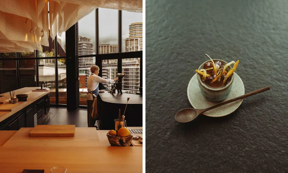 rooftop restaurant with wooden bar and omakase canape dish