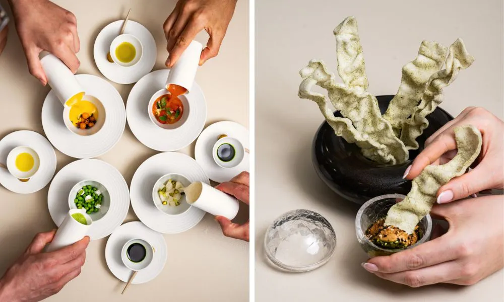 chefs pouring sauces over plates and cracker used to eat dip