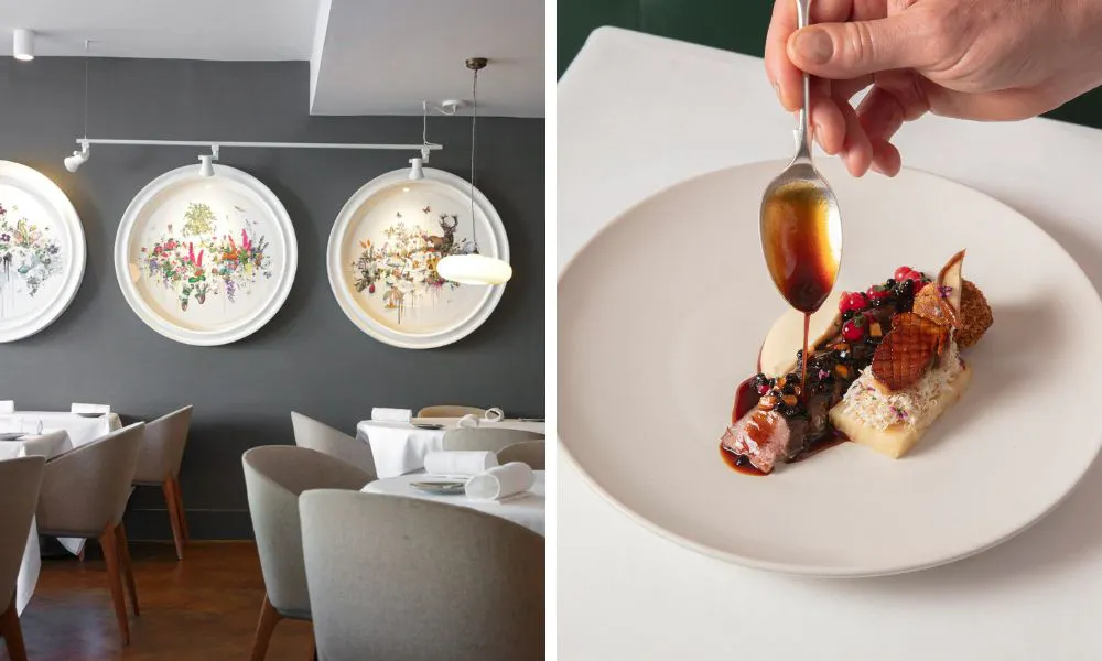 dining room with artwork and red meat being drizzled in jus