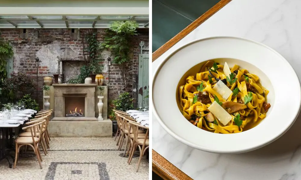 restaurant courtyard with fireplace and pasta dish with mushrooms and parmesan