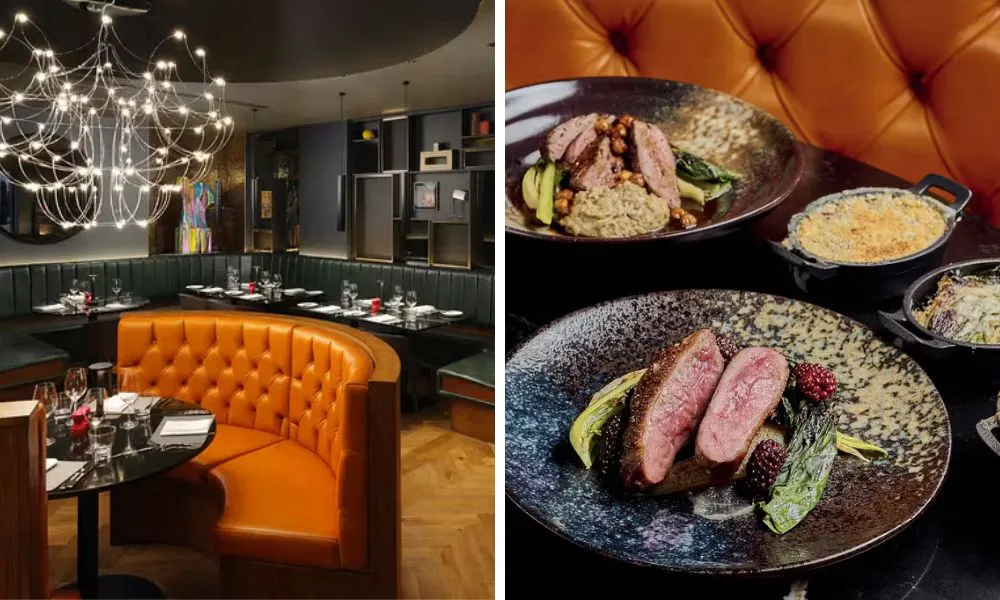 sleek restaurant interiors and classic French dishes on a table