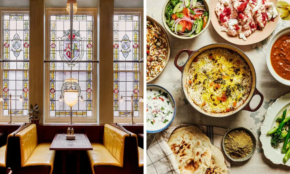 stained glass windows and a relaxed booth, with an aerial shot of curries on a table