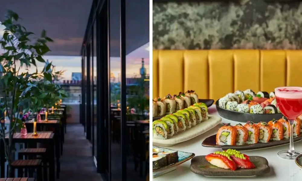 a rooftop terrace and platters of sushi