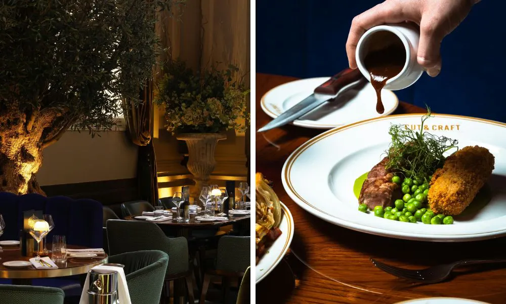sleek restaurant interiors and someone pouring jus onto a dish