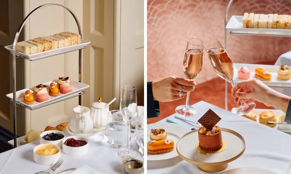 an afternoon spread and people drinking pink fizz