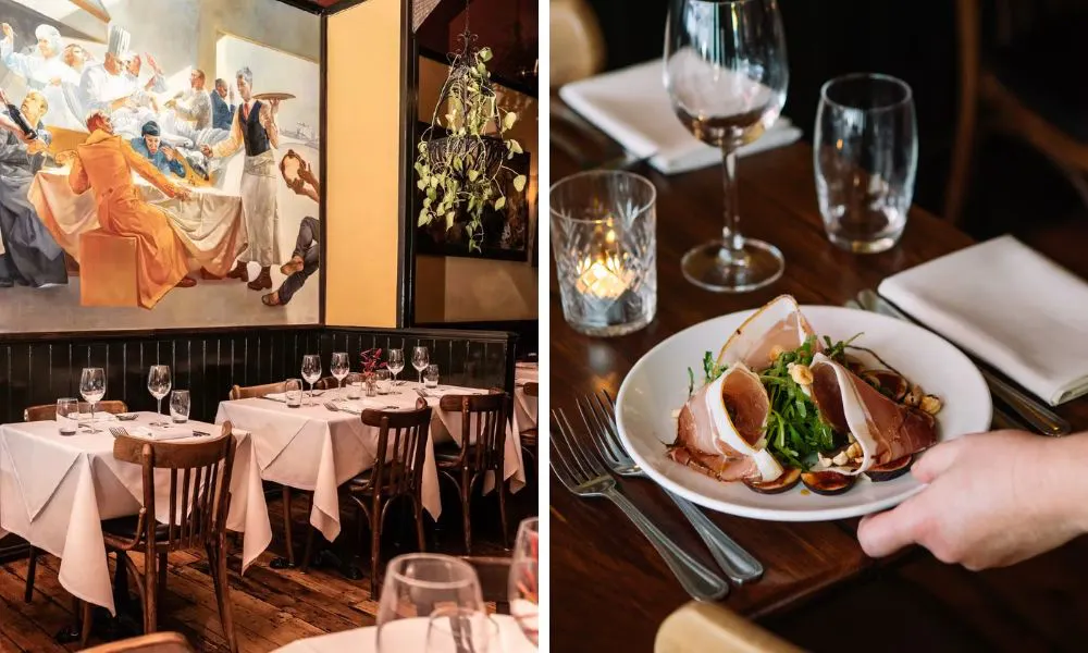 dining room at L'Estaminet d'Aix and a plate of cured meat