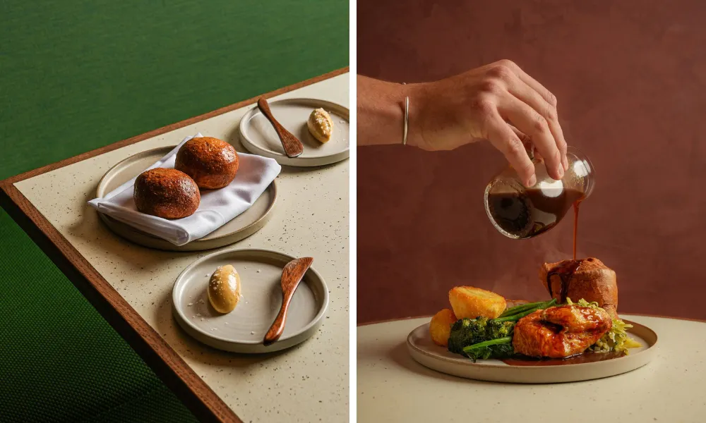 gravy poured over roast dinner and yorkshires