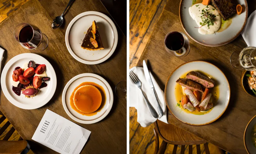 modern bistro dishes and desserts laid our on a table