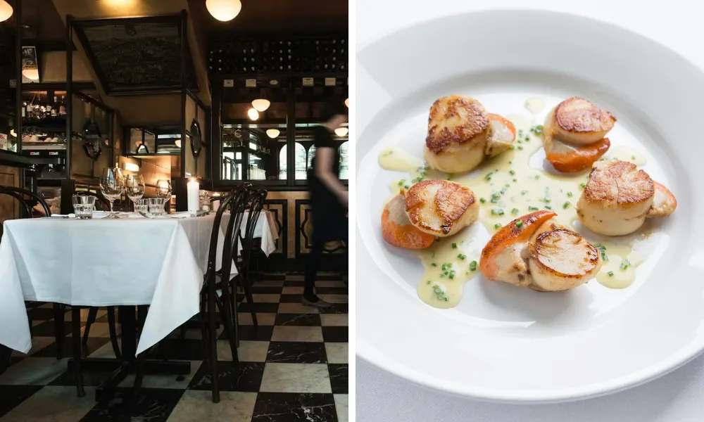 Parisian style bistro dining room and scallop dish 