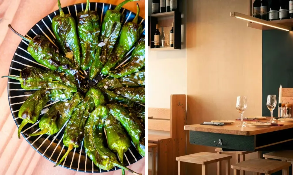 Spanish grilled padrom peppers and high top table 