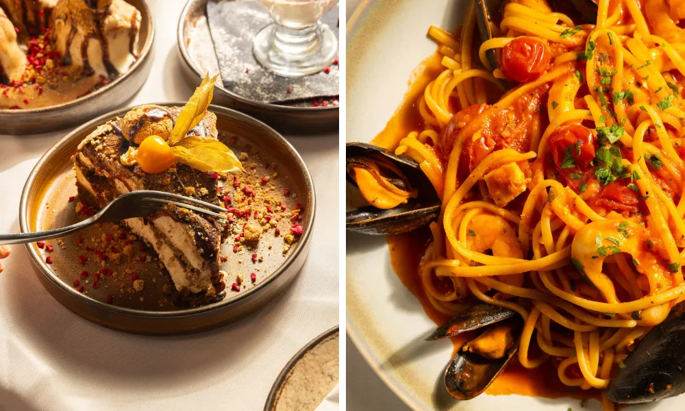 Italian dessert and pasta dish with spaghetti
