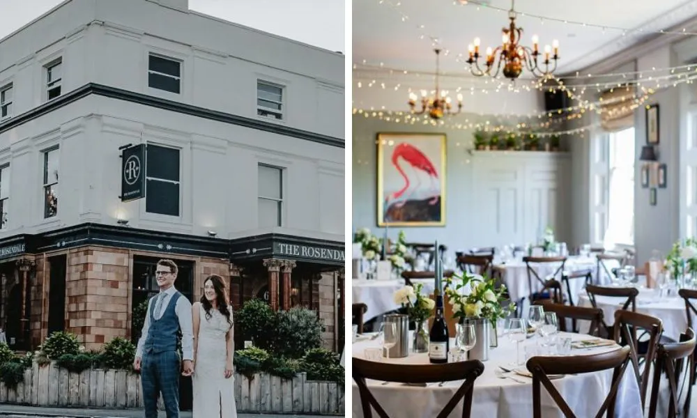 married couple outside a pub and wedding breakfast with fairy lights