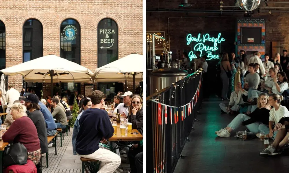 outdoor benches at a brewery and a crowd watching a big screen
