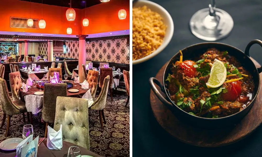colourful restaurant dining room and a bowl of curry