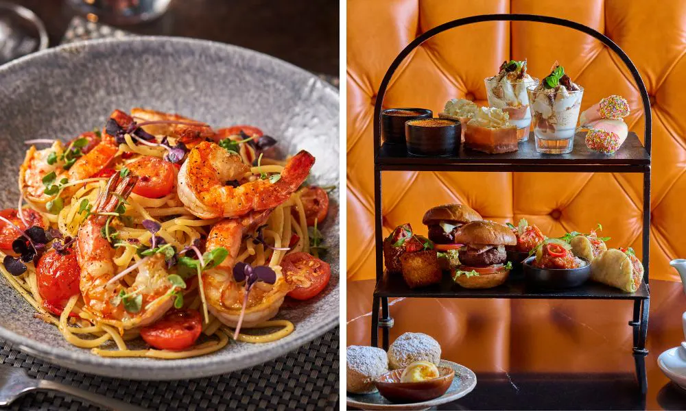 a seafood linguine, and an afternoon tea stand